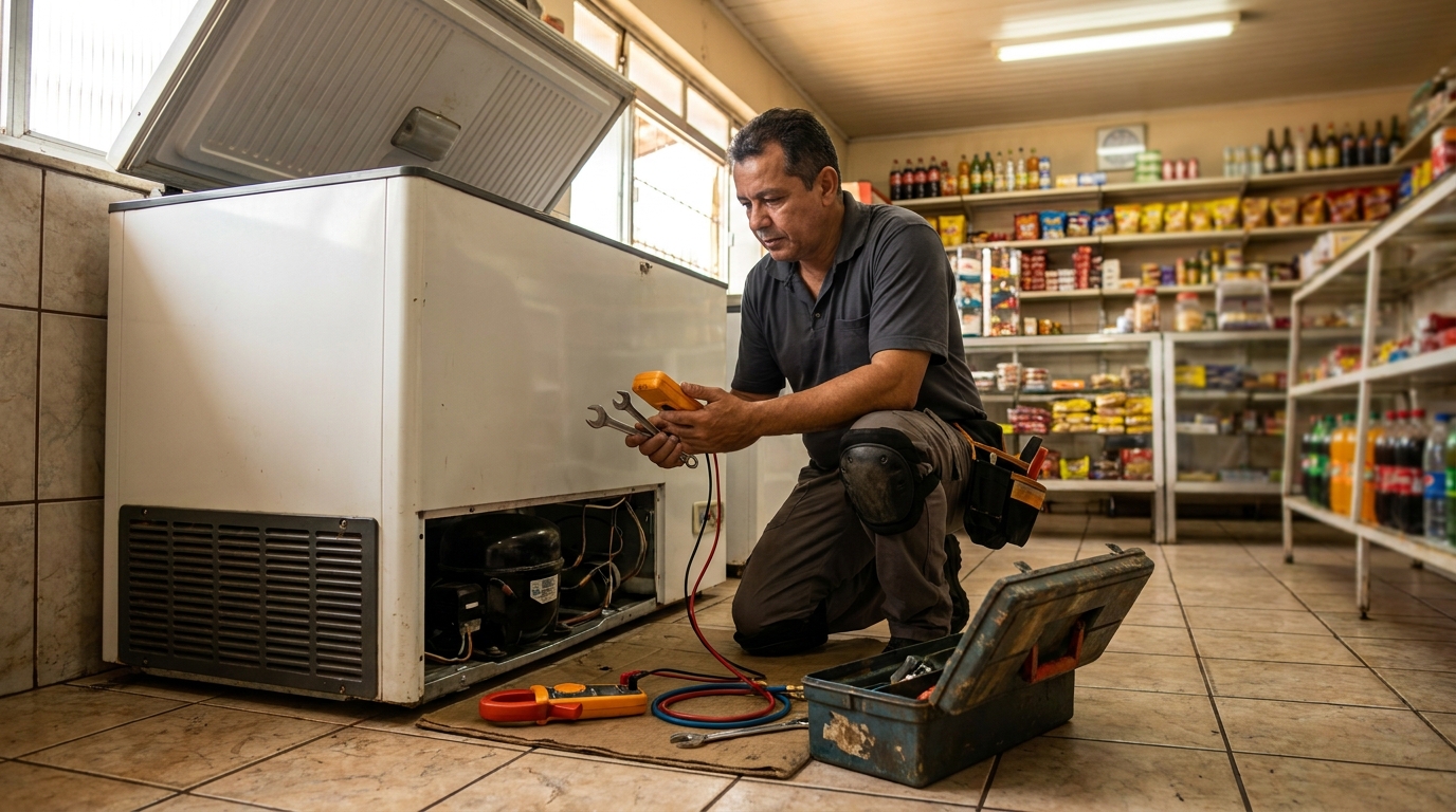 Técnico realizando manutenção de motor de freezer no Parque Rossetti, Americana‑SP