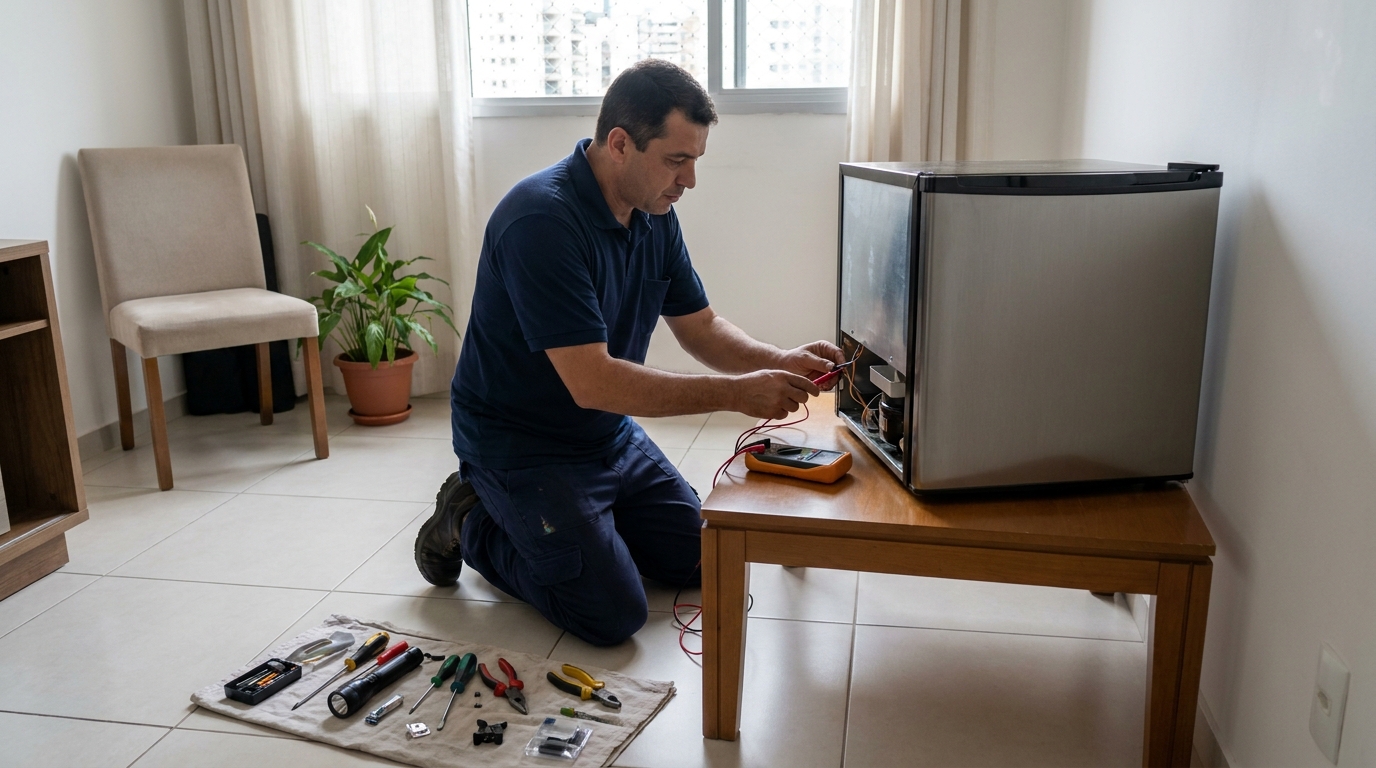 Técnico realizando manutenção de motor de frigobar em Antônio Zanaga, Americana‑SP