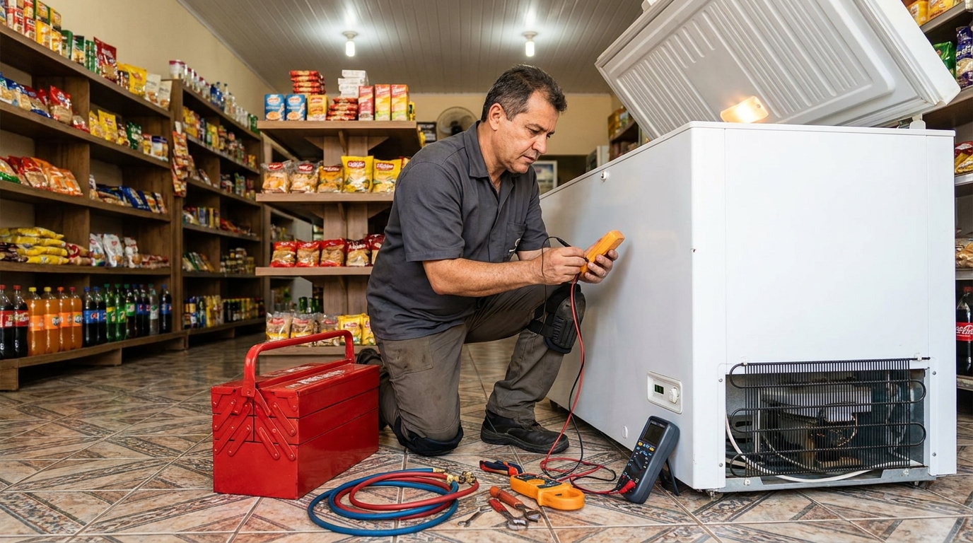 Recarga de gás refrigerante em freezer em atendimento no Parque Rossetti, Americana‑SP