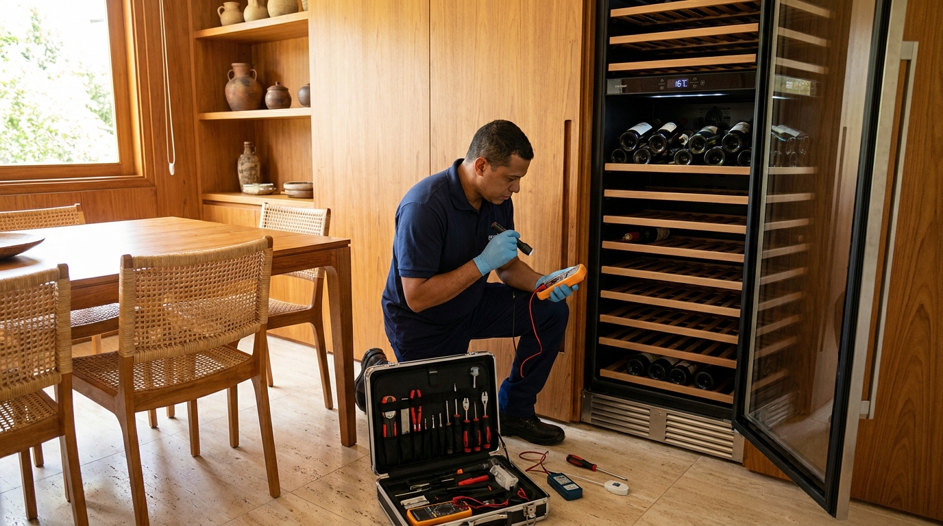 Troca de termostato de adega climatizada em atendimento técnico no Vila Bertini, Americana‑SP