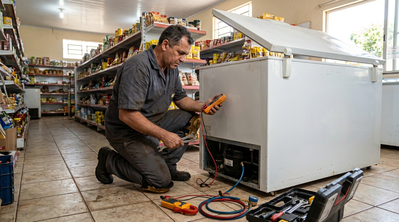 Troca de termostato de freezer em atendimento técnico no Parque Rossetti, Americana‑SP